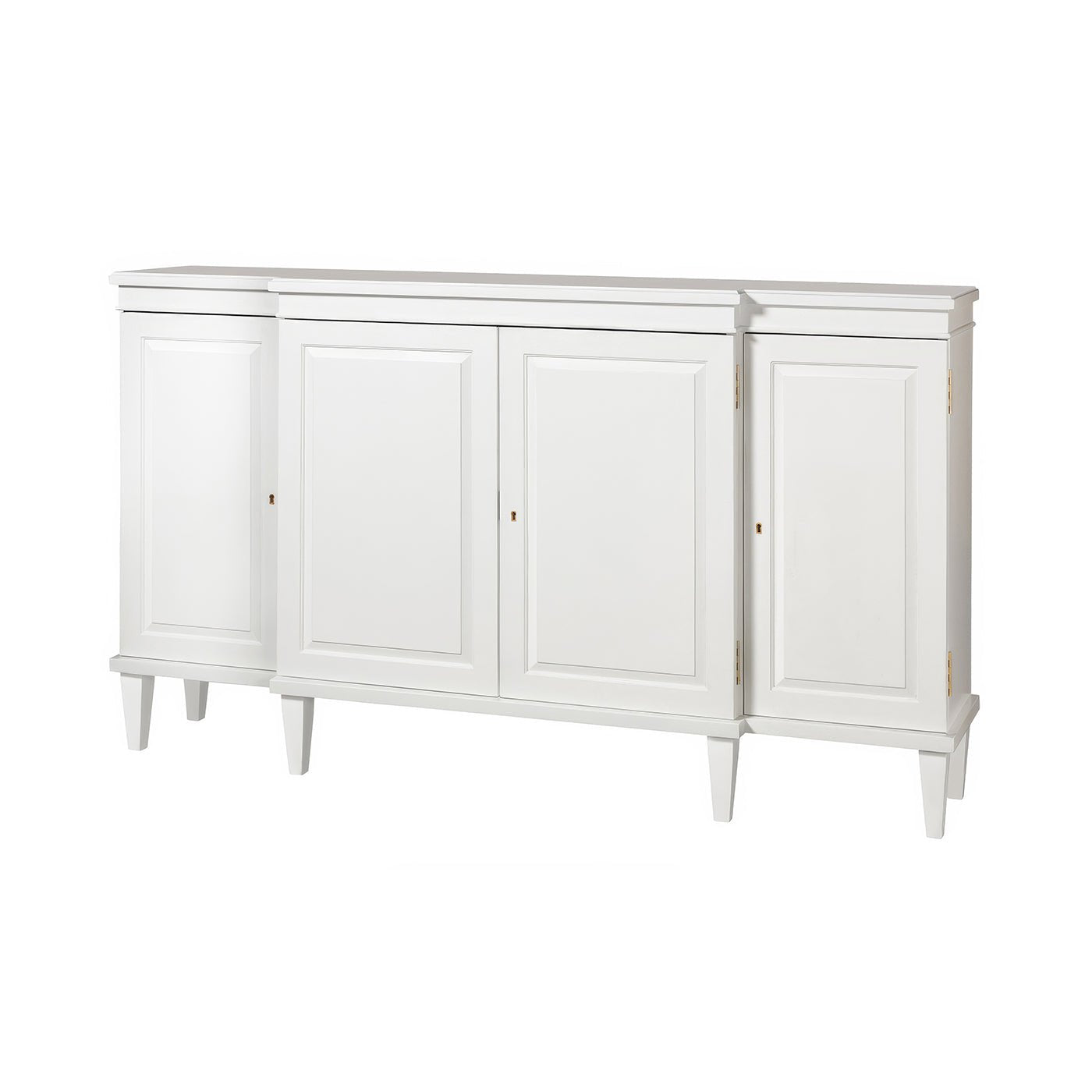 White Regency style credenza with closed doors, front view.