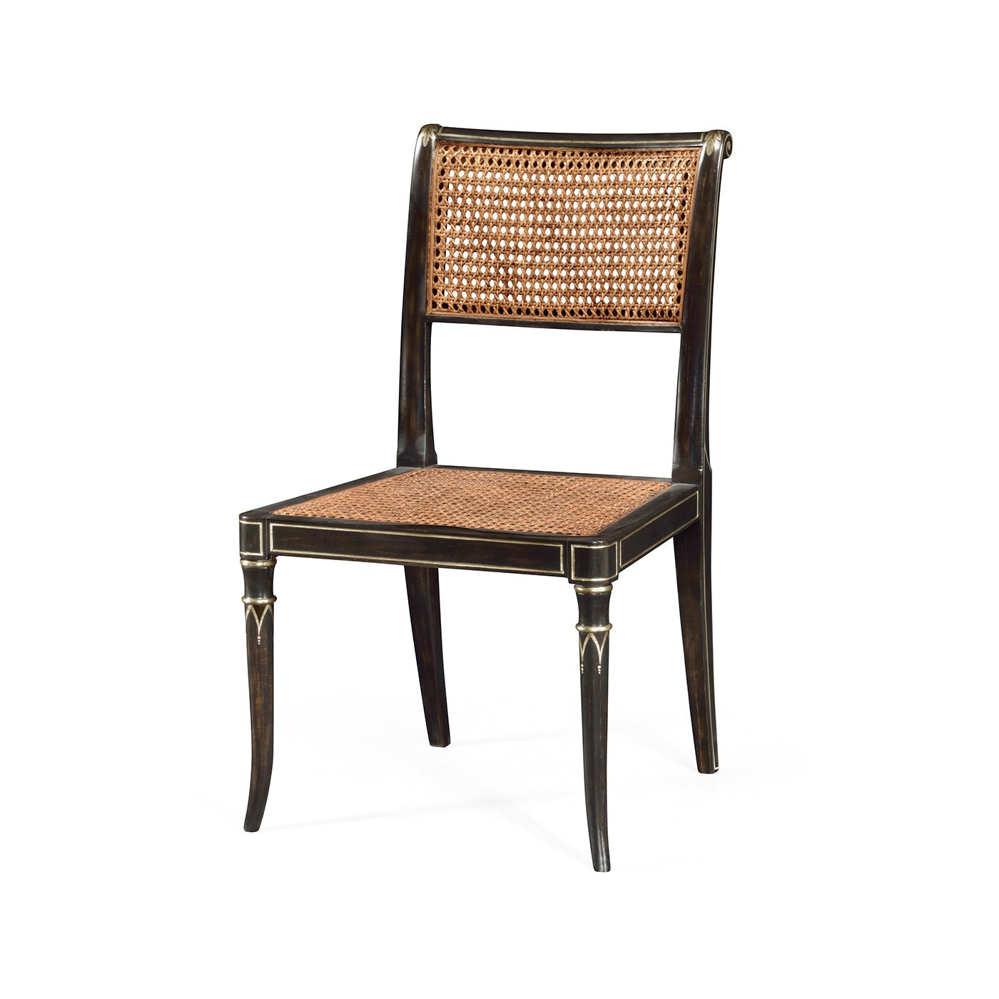 Regency style chair three-quarter view without cushion.