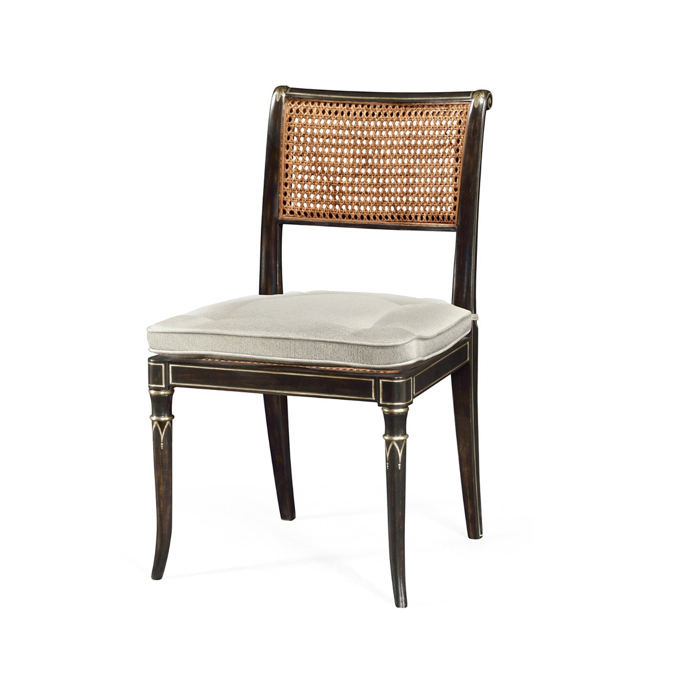 Regency style chair side view with cushion, decorative legs.
