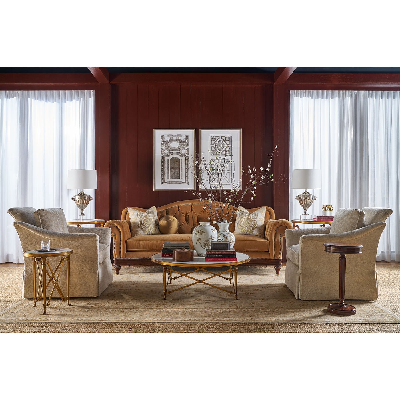 Living room with Regency style pedestal accent table decor.