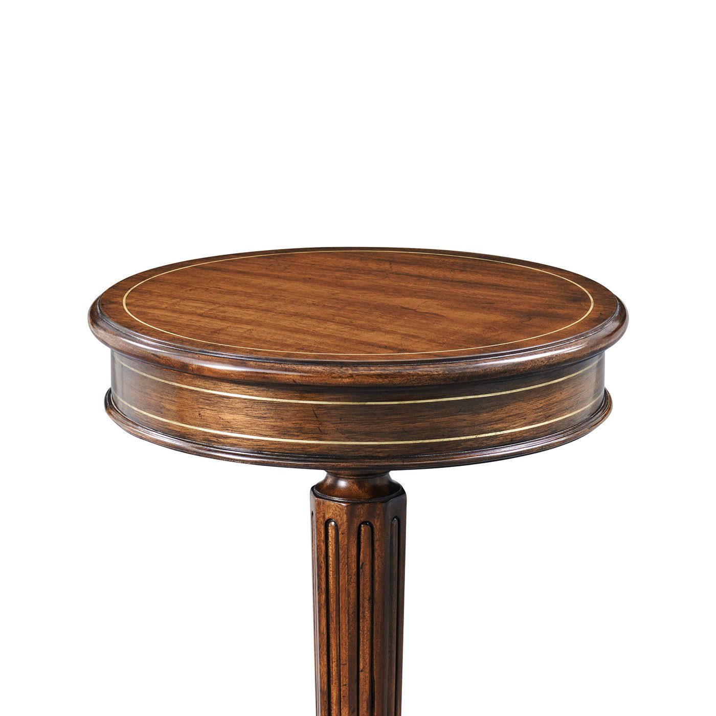 Close-up of tabletop, Regency style pedestal accent table.