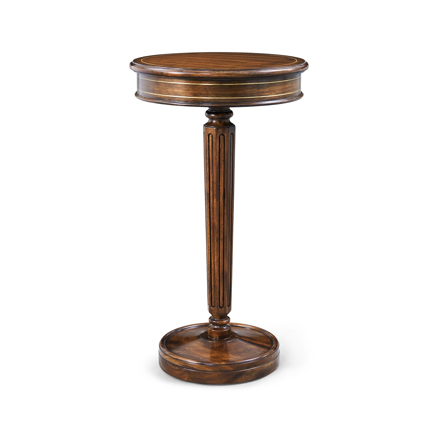Regency style pedestal accent table, angle view.