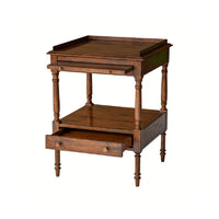 Regency style side table with one open drawer, front view.