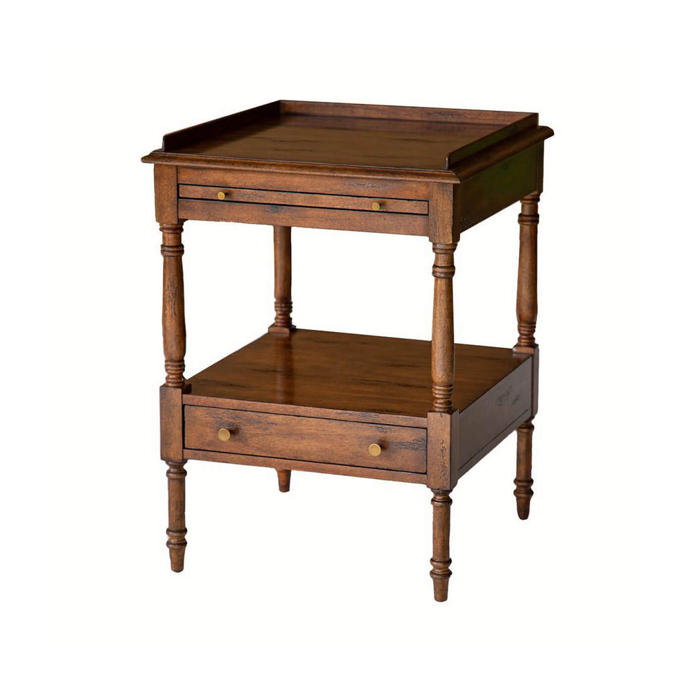 Regency style side table with two drawers, closed view.