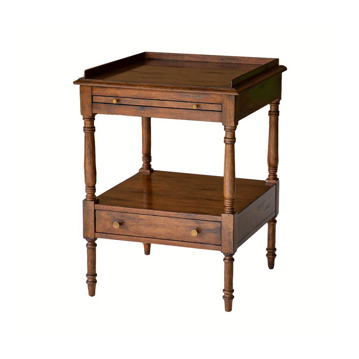 Regency style side table with two drawers, closed view.