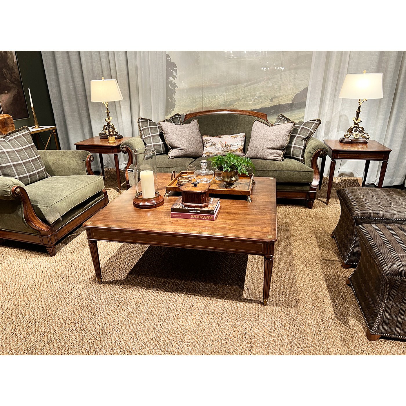 Elegant coffee table in decorated living room setup.