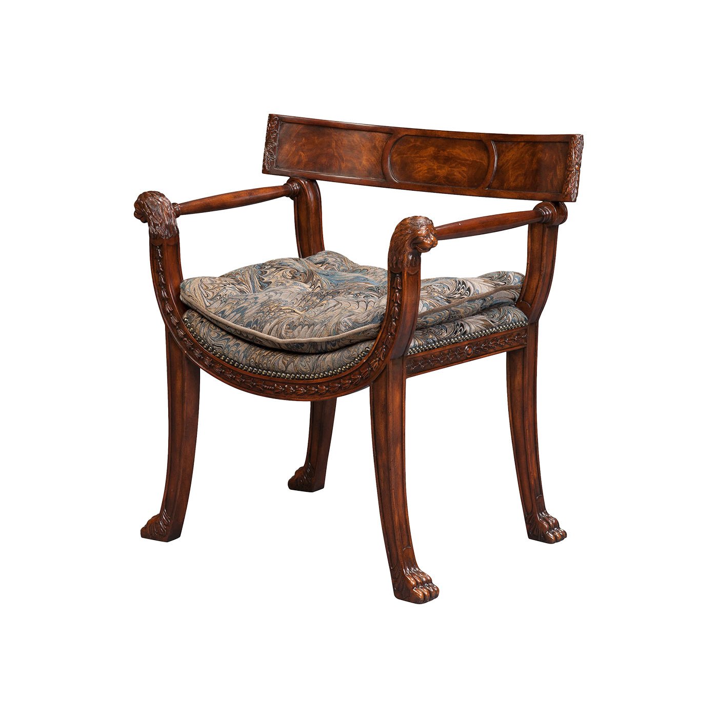 Regency style armchair with blue patterned cushion, gray background.