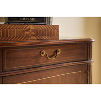 Close-up of cabinet drawer, gold handle, detailed design.