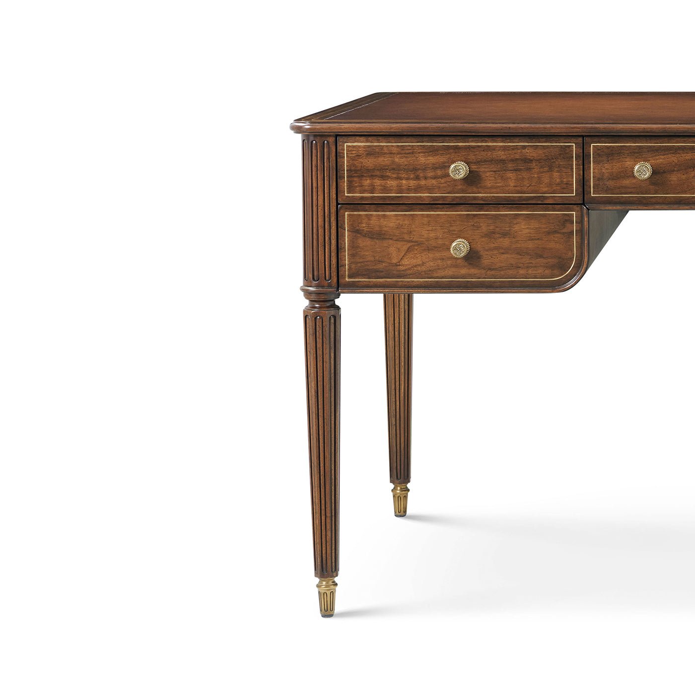 Close-up of left side, Regency style walnut desk drawers