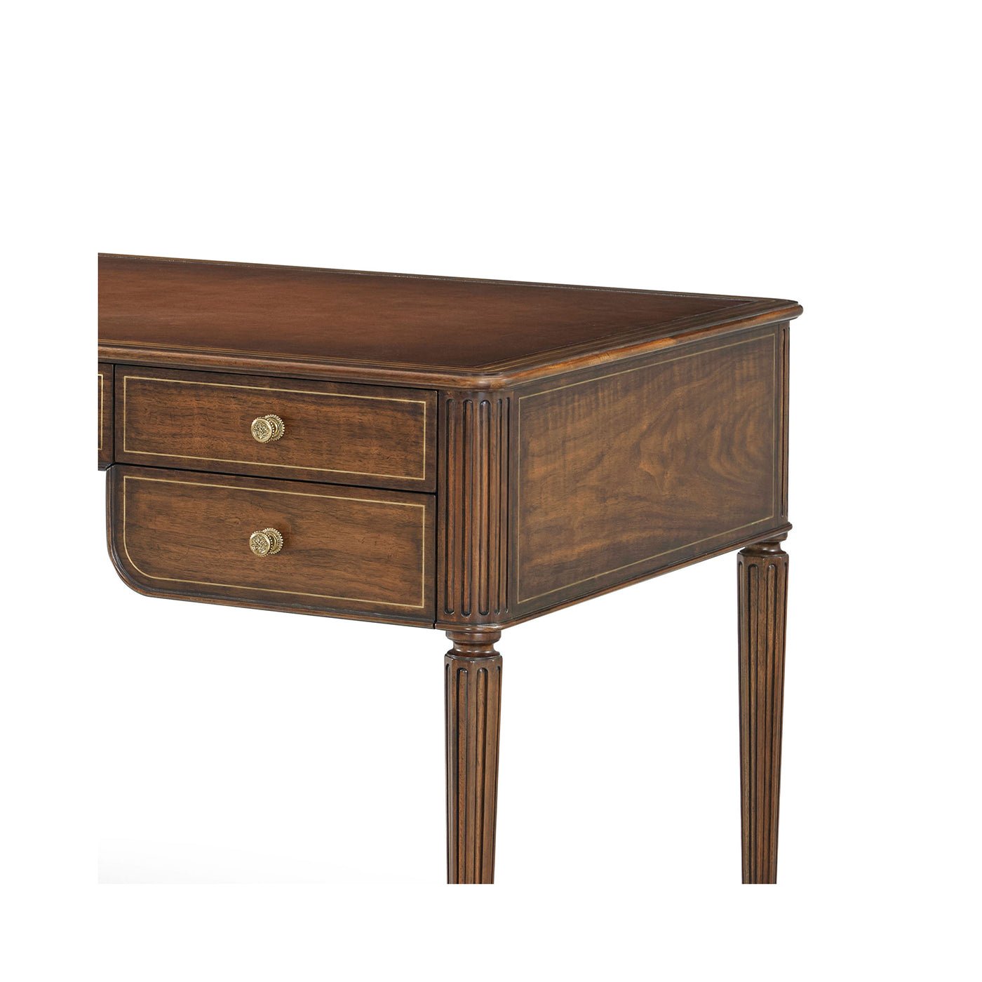 Close-up of right side, Regency style walnut desk drawers