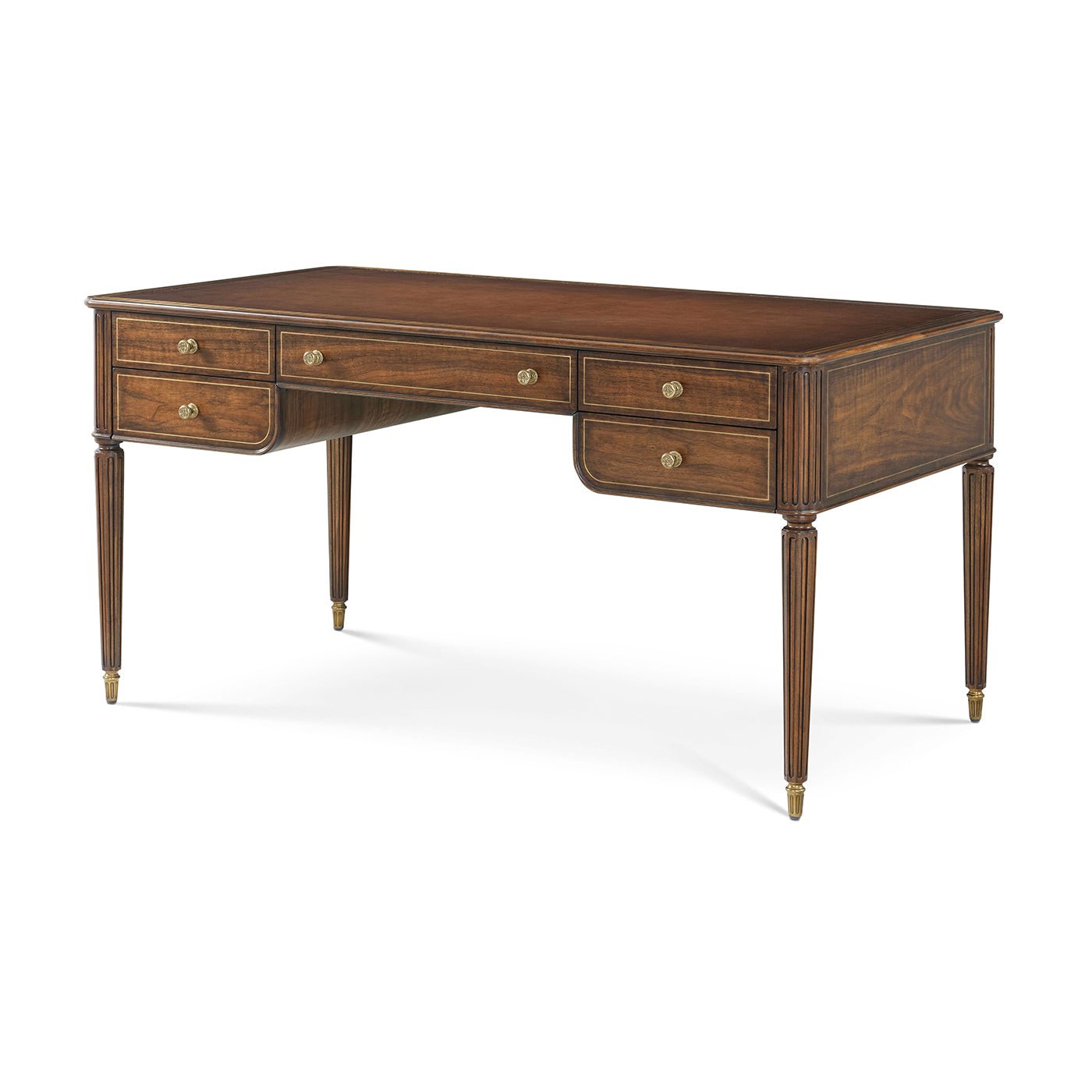 Regency style walnut desk, angled view, five drawers