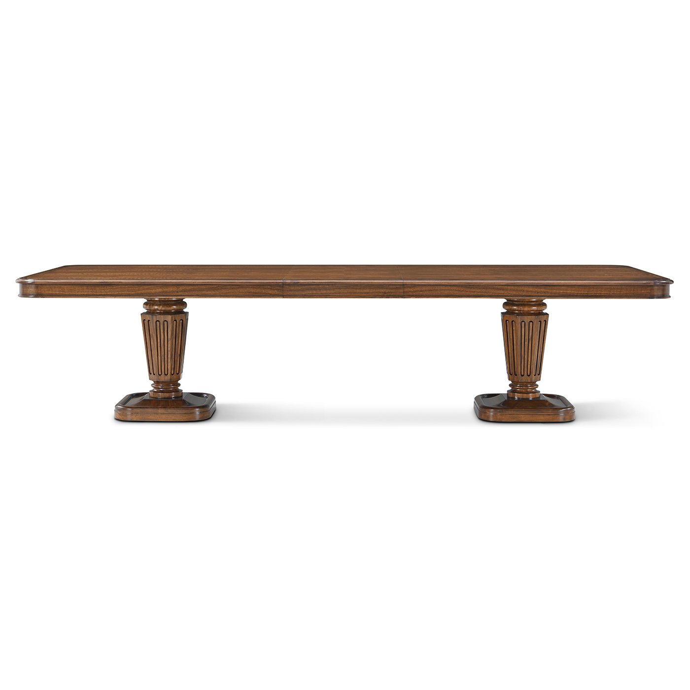 Front view of walnut dining table, elegant pedestal design.