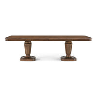 Straight view of walnut dining table, two pedestal bases.