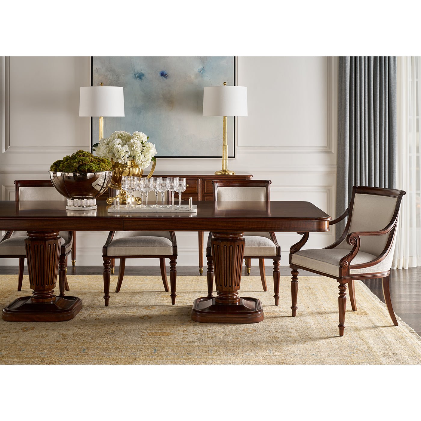 Dining room setup, walnut table centerpiece, classic ambiance.