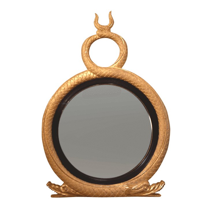 Ornate gold Regency twin serpent convex mirror design.