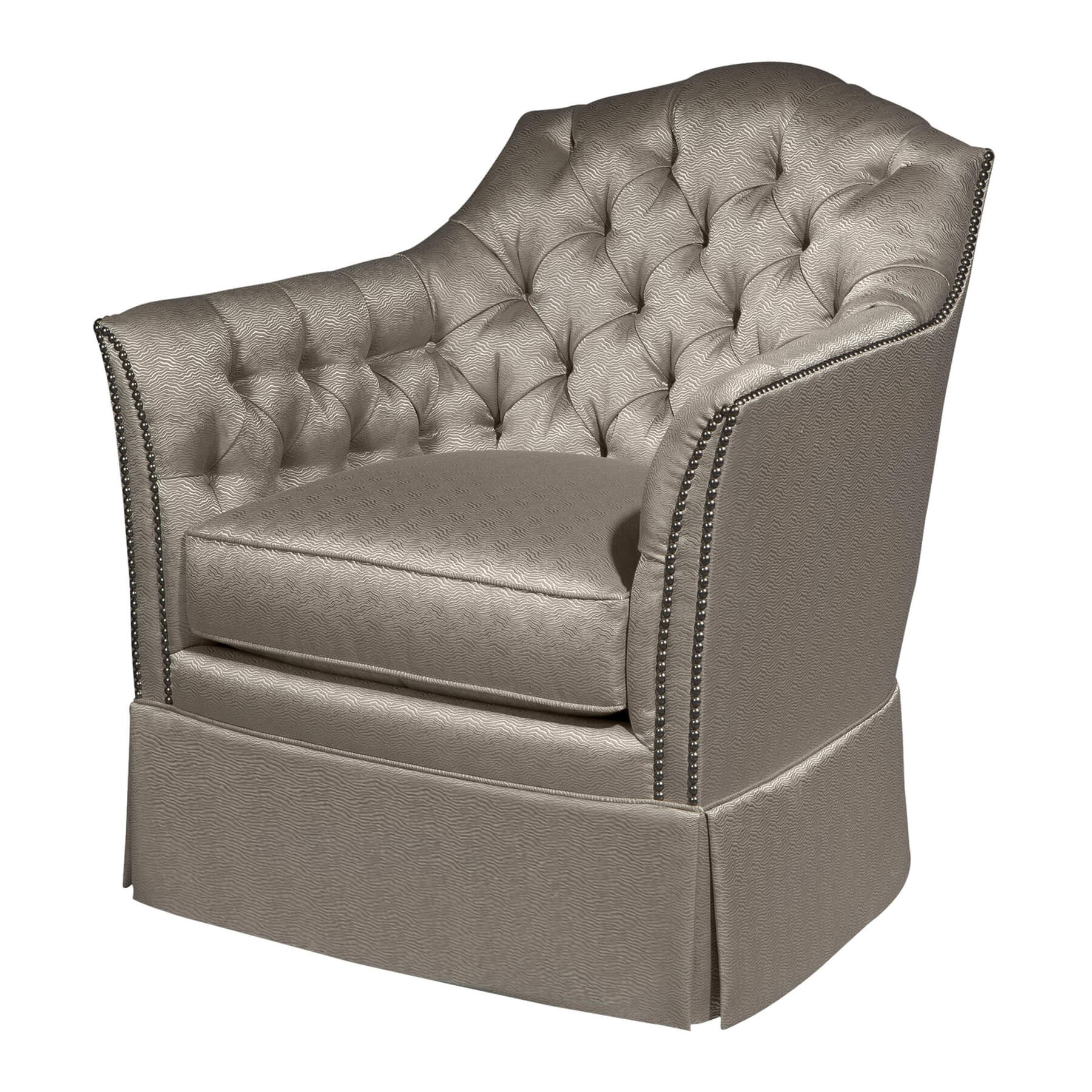 Upholstered tufted chair, angled view with detailed fabric.