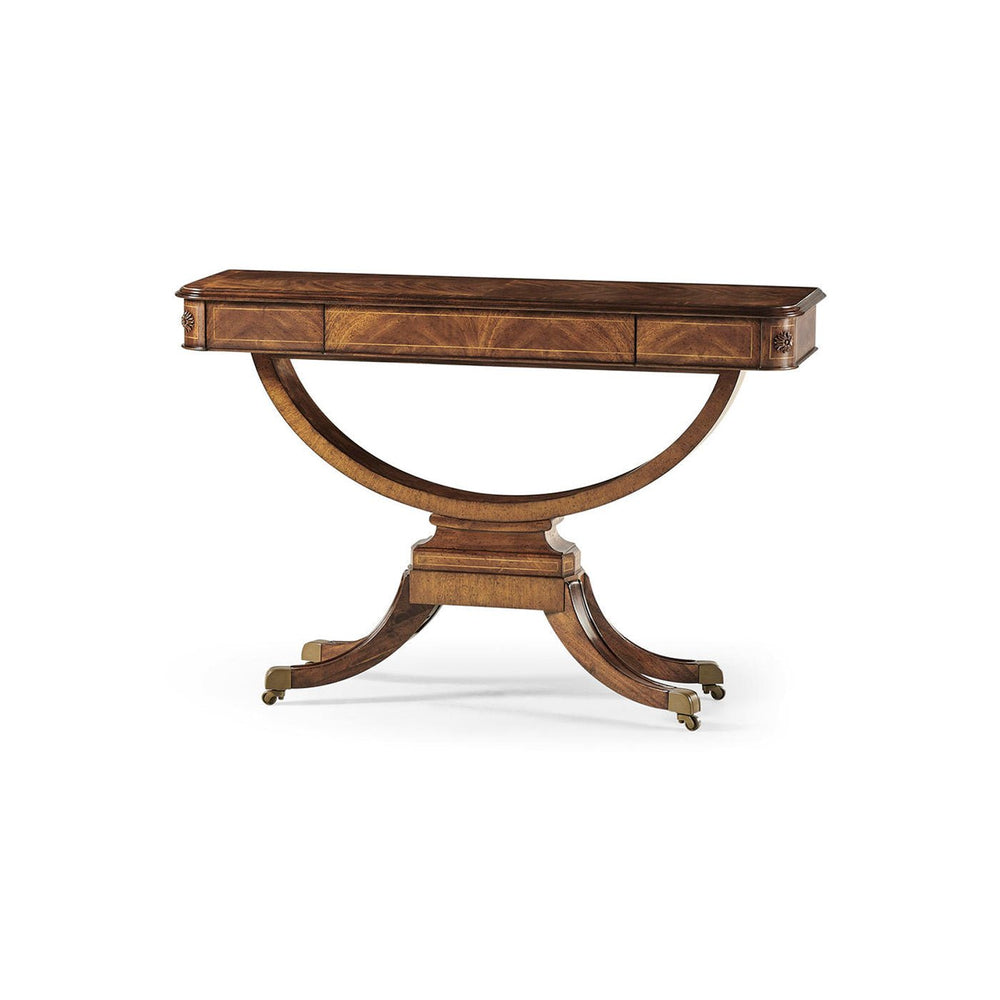 Regency walnut console table with closed drawer view.