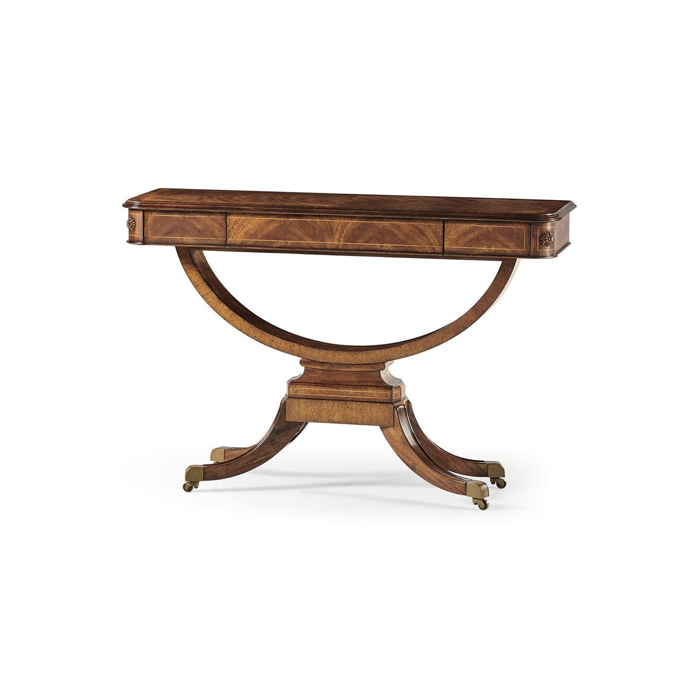 Regency walnut console table with closed drawer view.