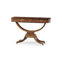 Regency walnut console table with closed drawer view.