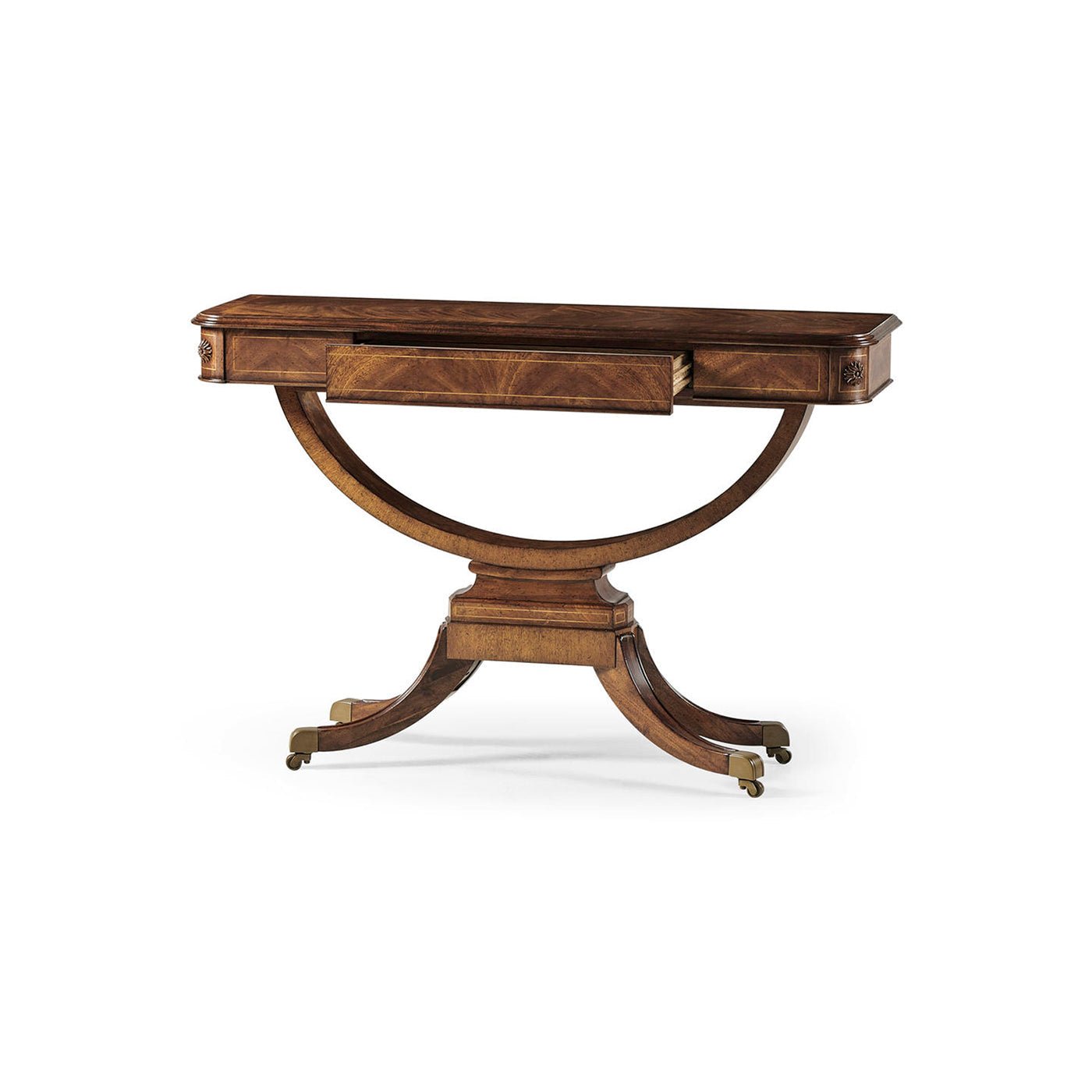 Regency walnut console table with open drawer view.