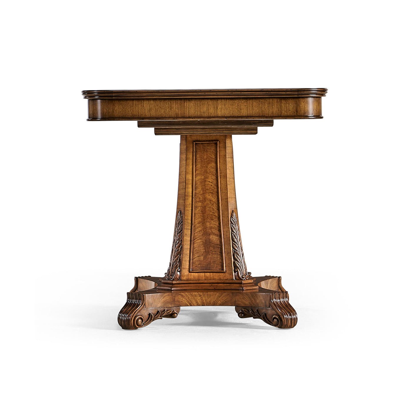 Side view of Regency walnut pedestal center table.