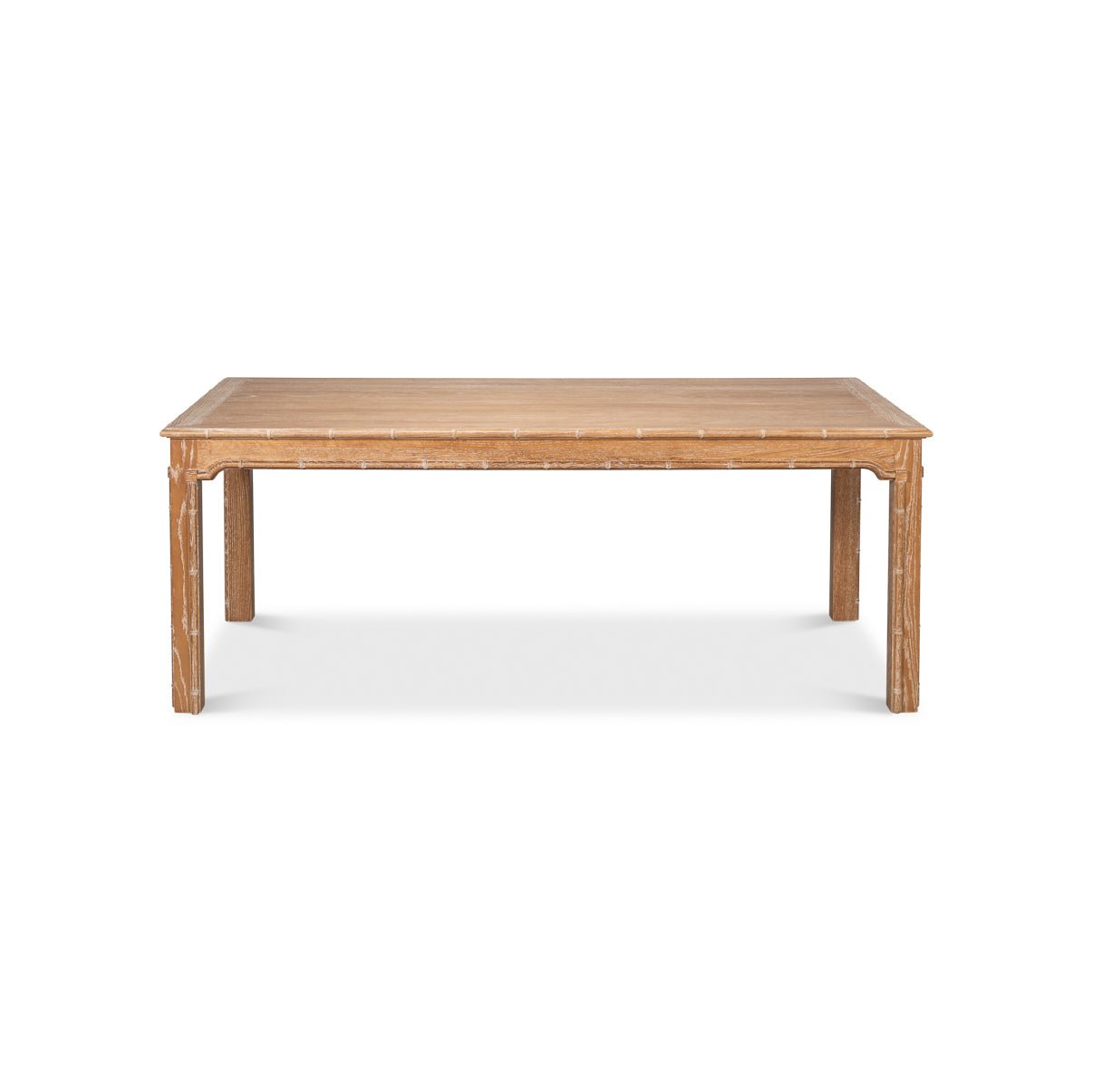 Front view of whitewashed oak dining table.