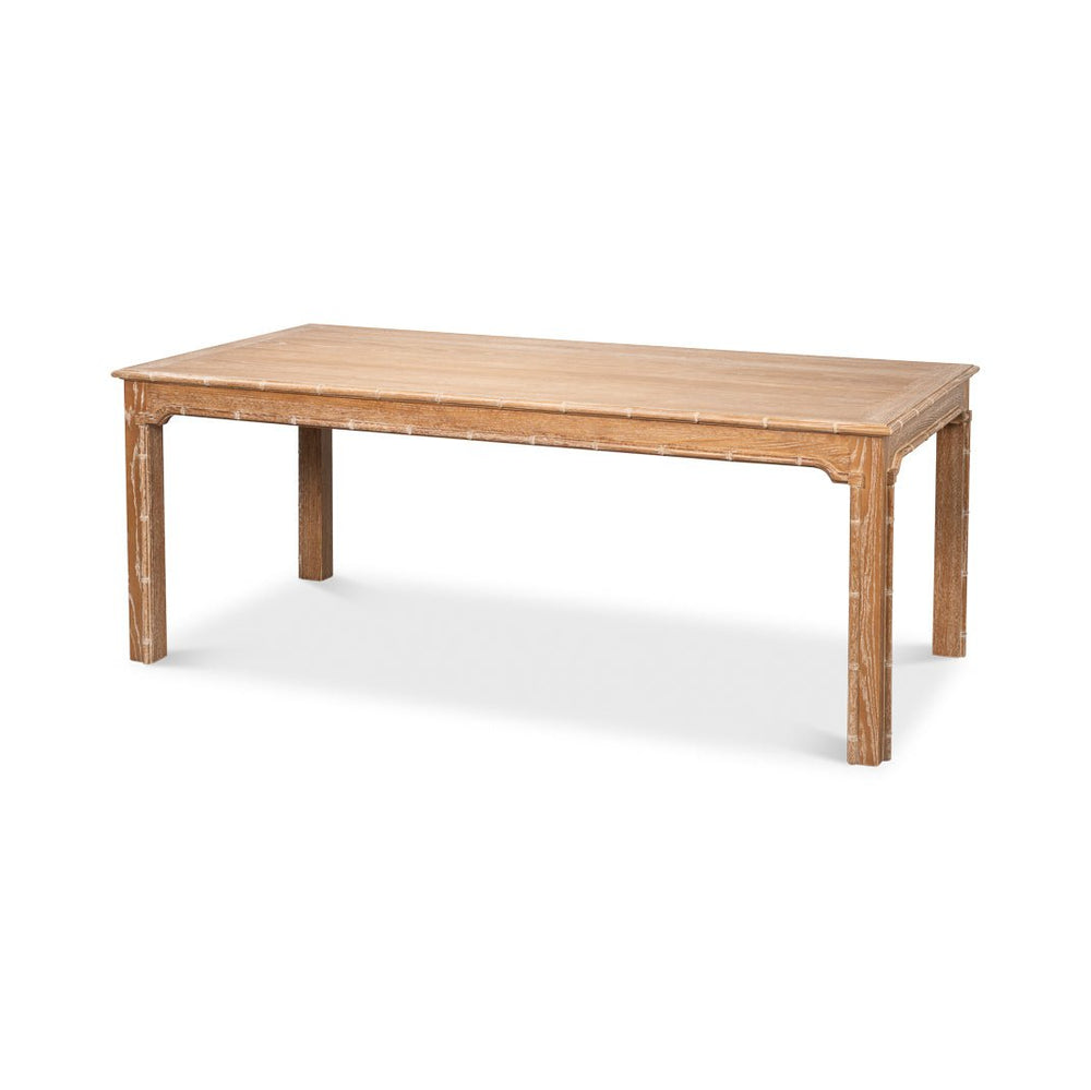 Oak dining table angled view with whitewashed finish.