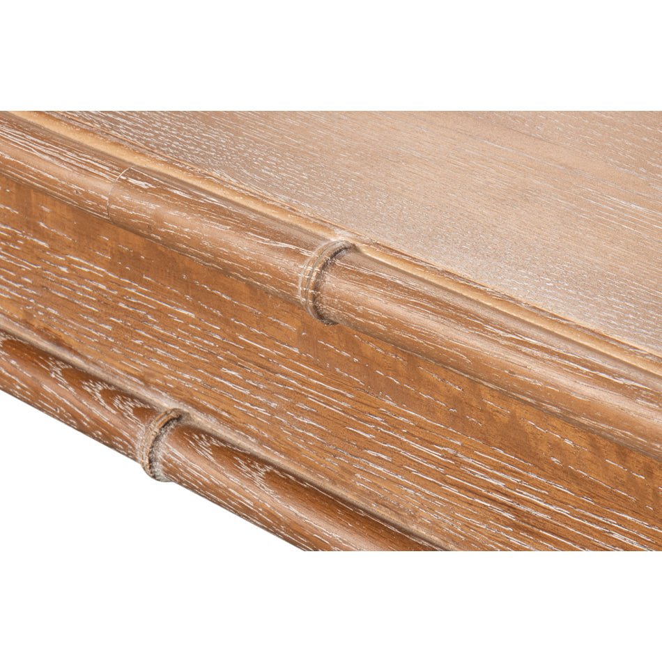 Detailed table edge showing whitewashed texture.