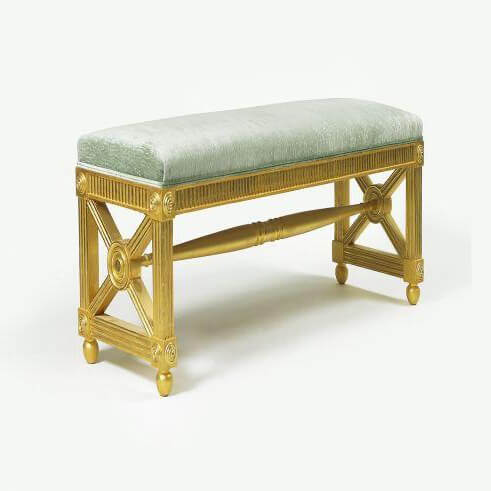 Side view, Regency window bench, elegant gold details.