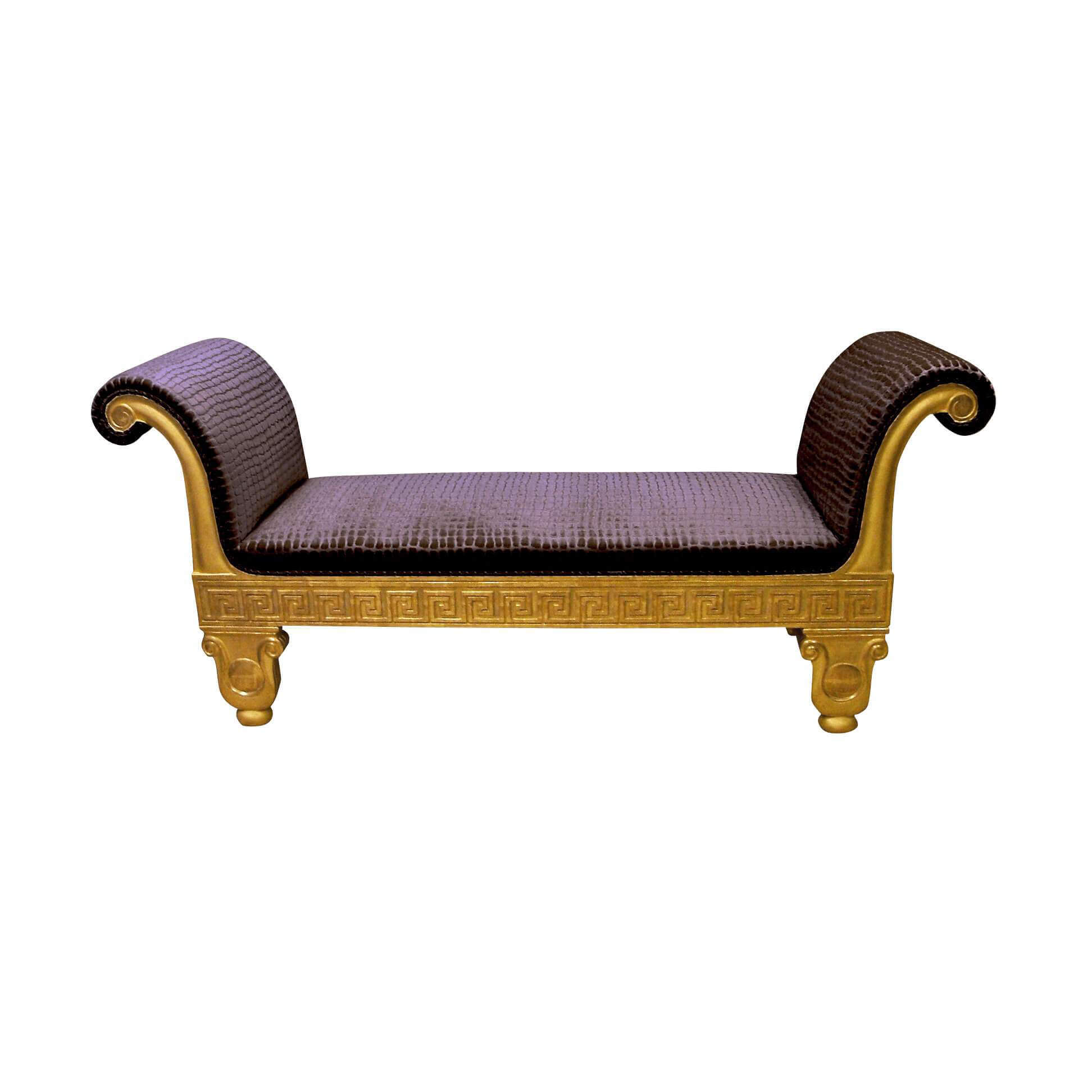 Gold Regency window bench with dark upholstery, elegant design.