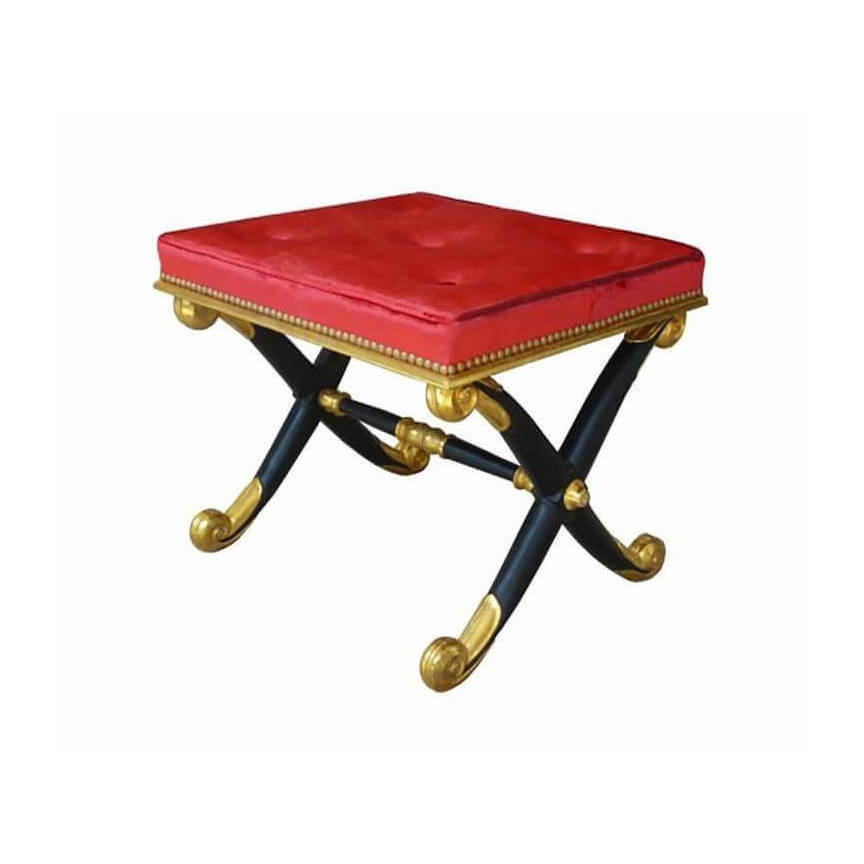 Regency X Frame Stool, red tufted cushion, gilt accents