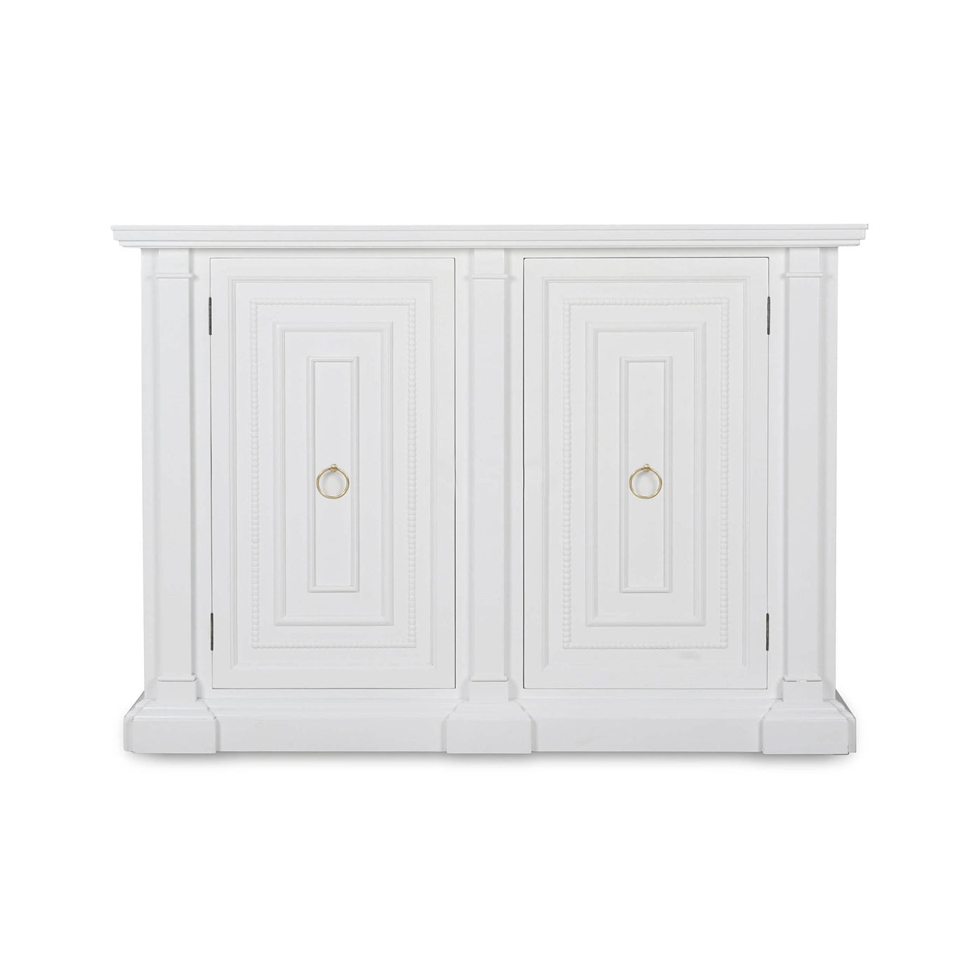 White credenza front view with closed doors.