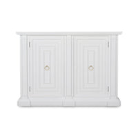 White credenza front view with closed doors.