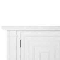 Close-up of white credenza detailing and hinges.