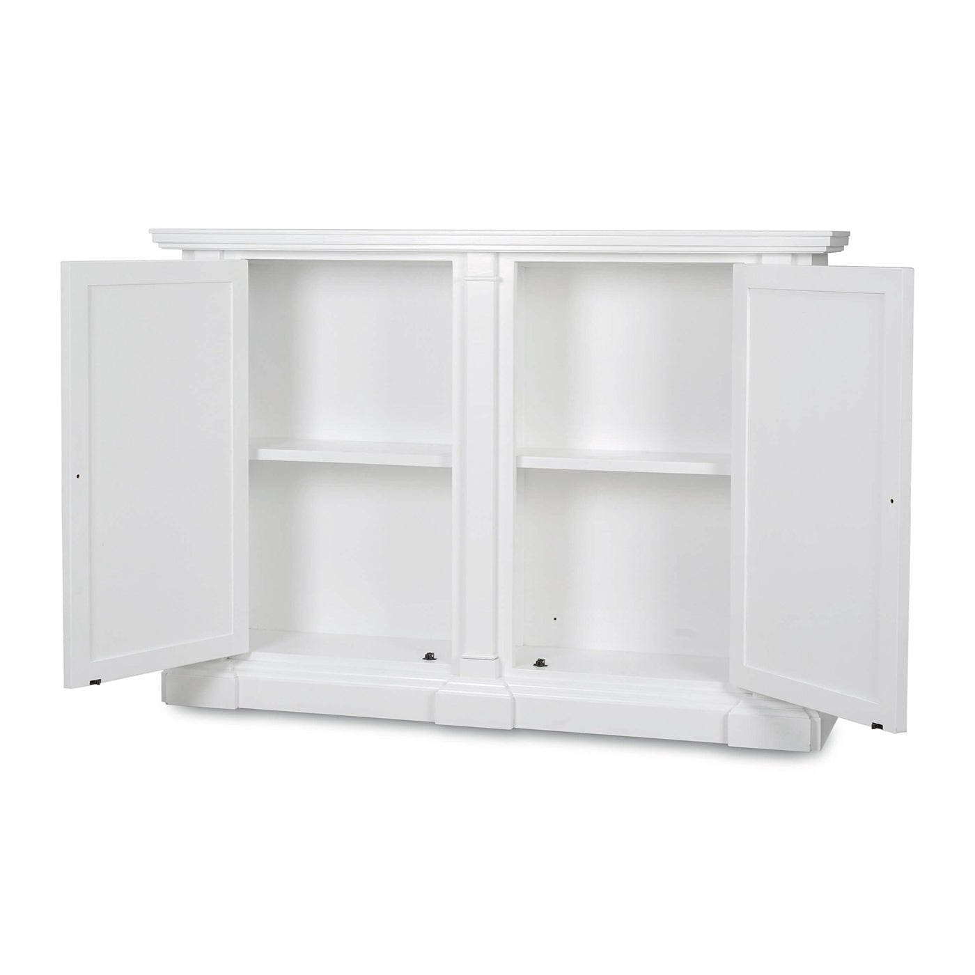 White credenza with open doors and shelves.