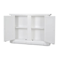 White credenza with open doors and shelves.