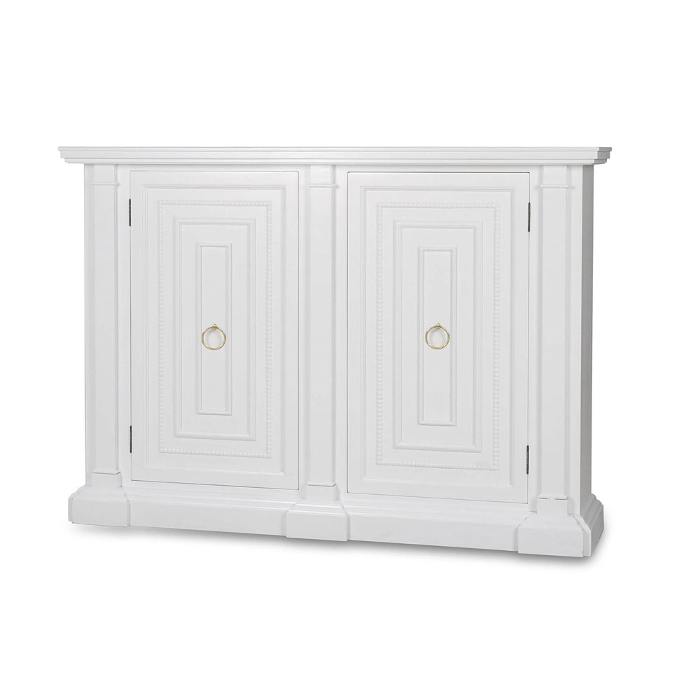 White credenza front angle view with closed doors.