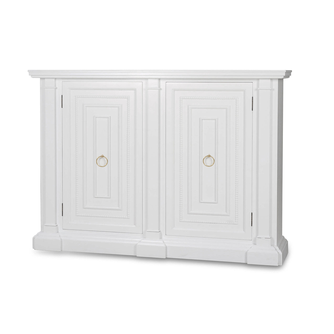 White credenza front angle view with closed doors.