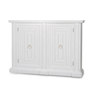 White credenza front angle view with closed doors.