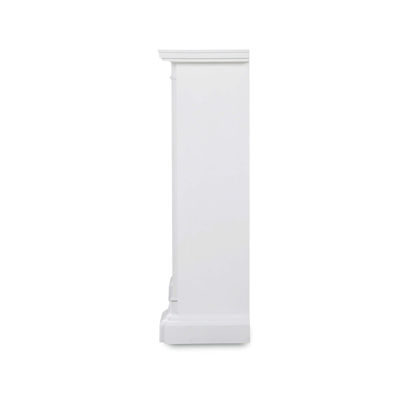 Side profile view of white credenza.