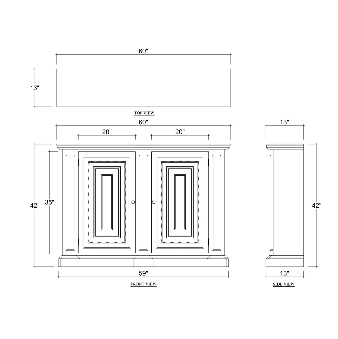 Dimensions diagram of white credenza, multiple views.