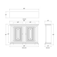 Dimensions diagram of white credenza, multiple views.