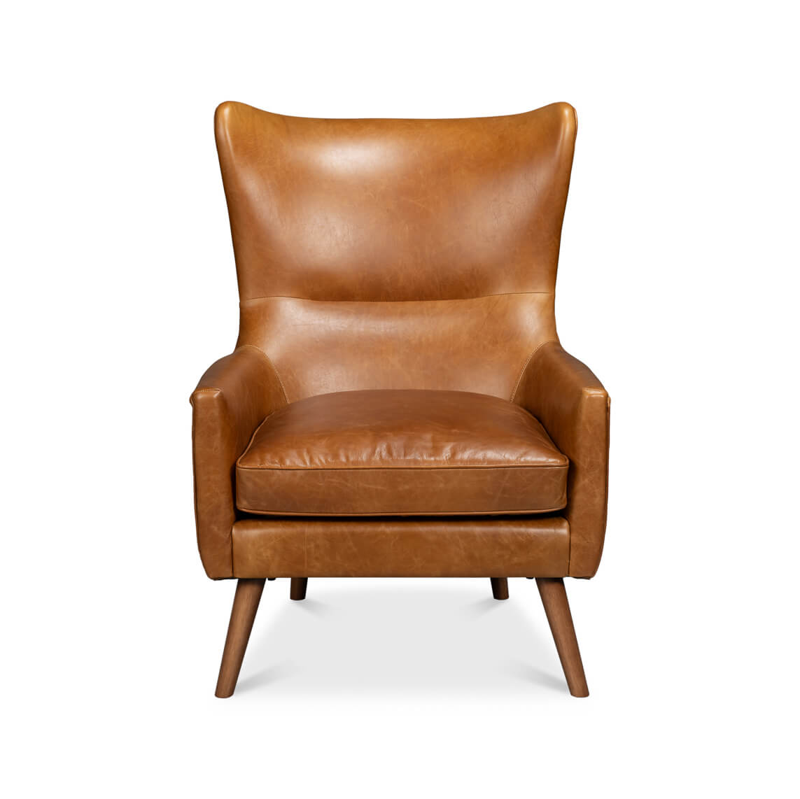 Brown leather wingback chair, front view, cushion detail.