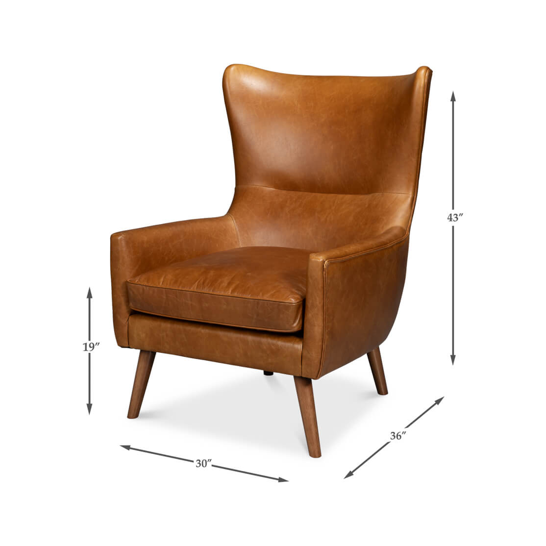 Brown leather wingback chair dimensions, full view with measurements.