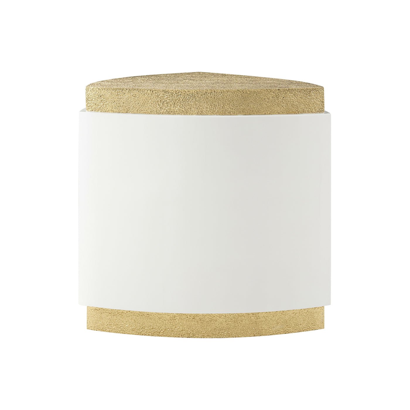 Front view of Reuleaux accent table in gold and white.