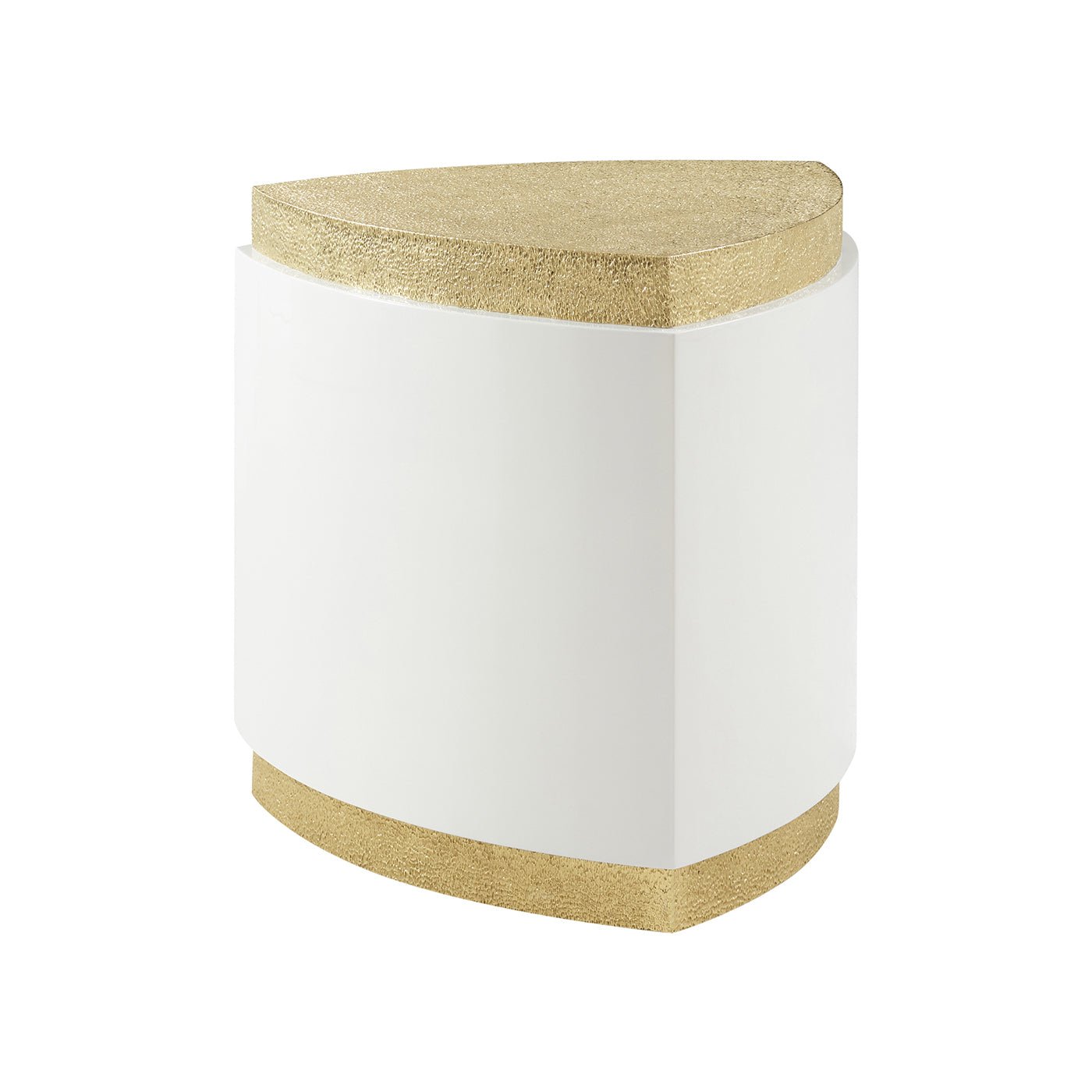 Gold and white Reuleaux accent table, side view.