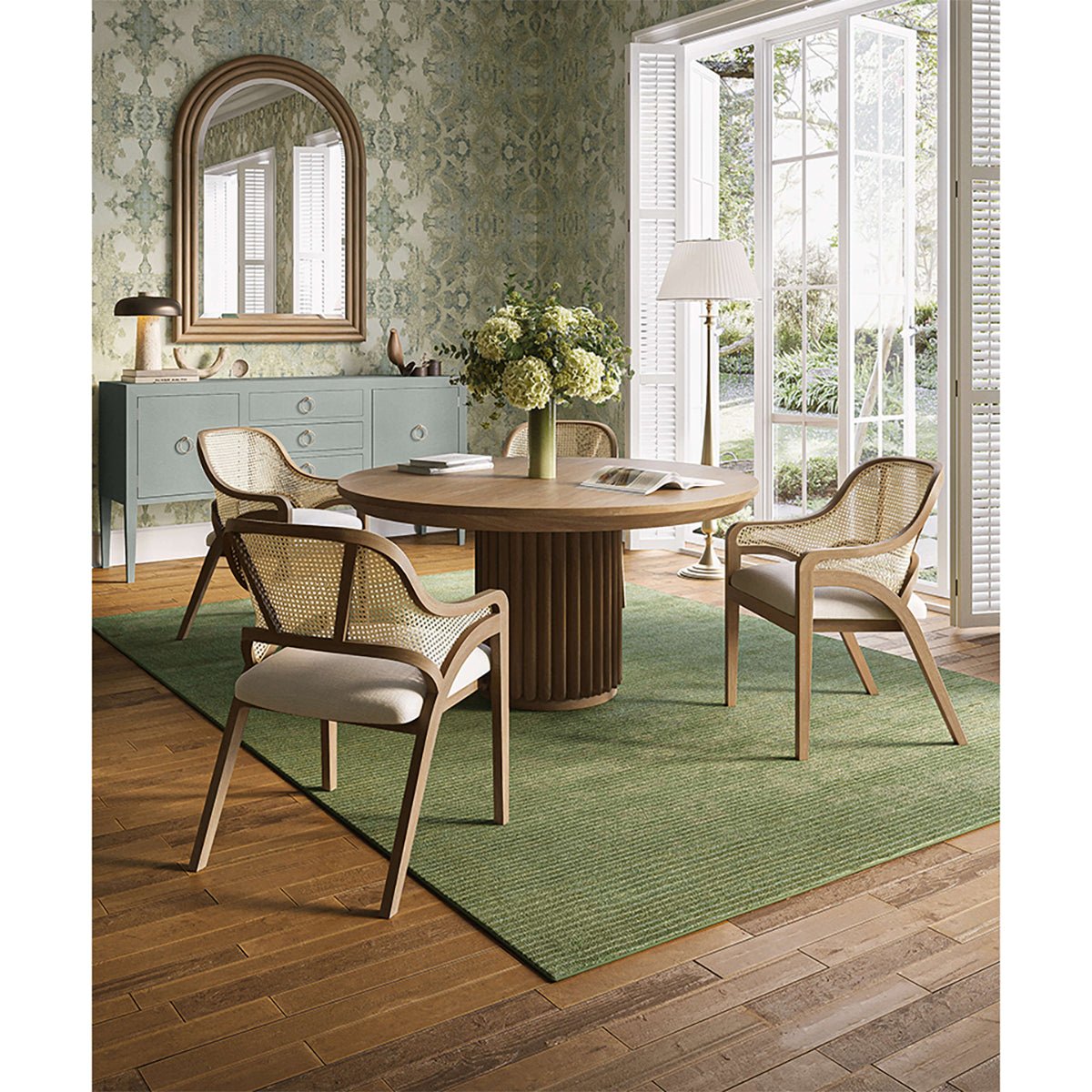 Dining table in a styled dining room setting.