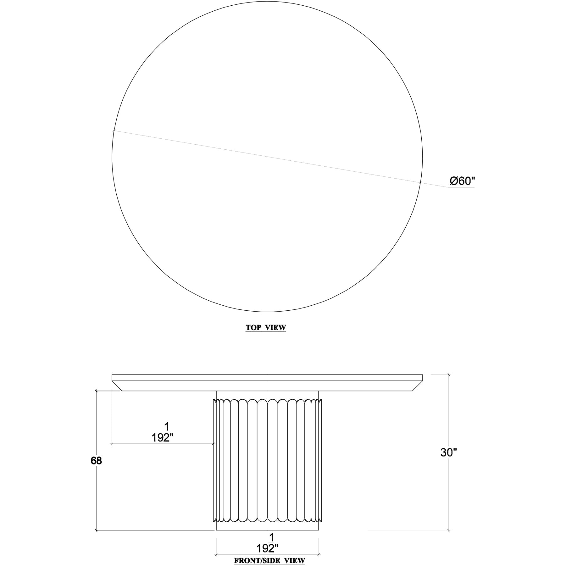 Technical dimensions of the round dining table.