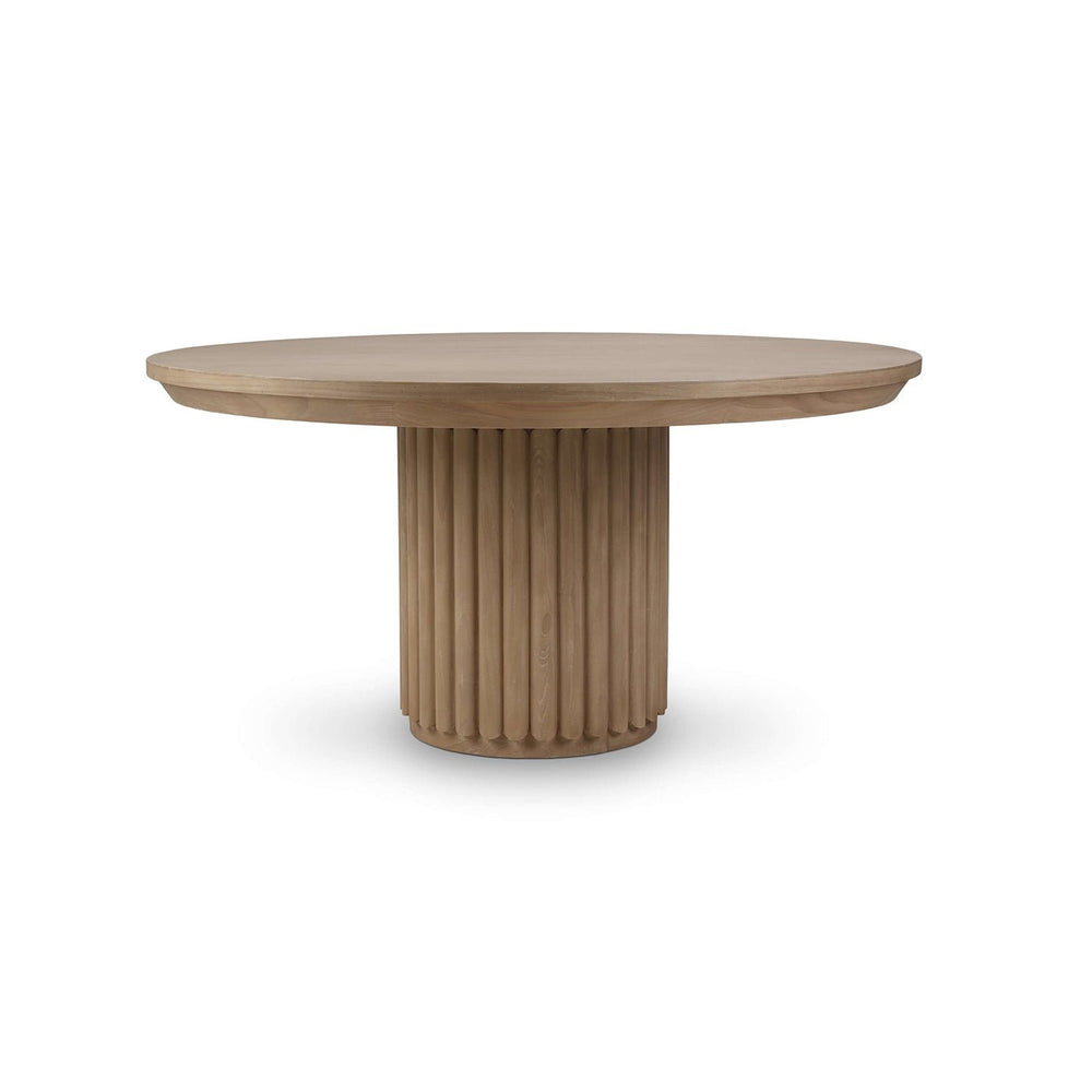 Round wooden dining table with ribbed column base.