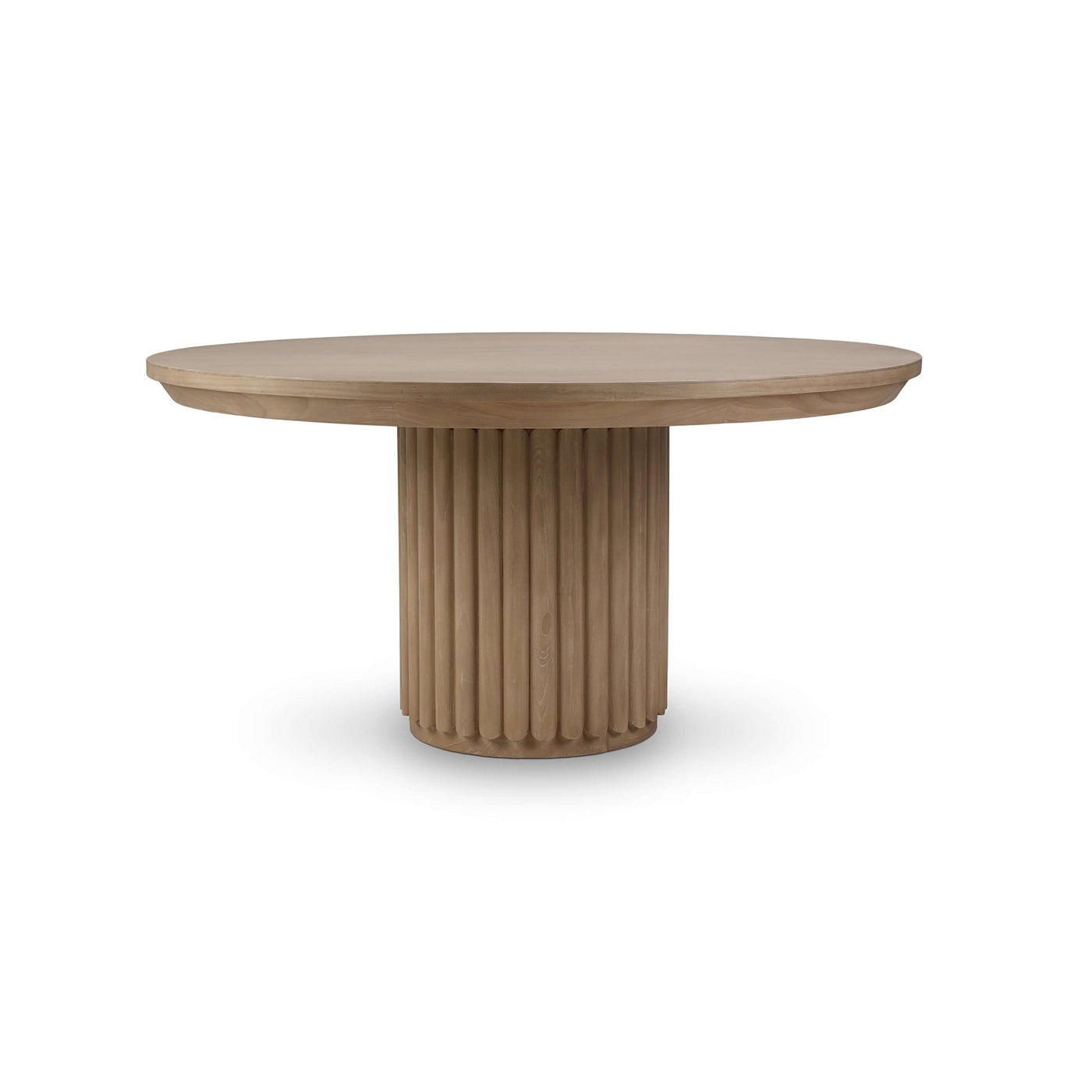 Round wooden dining table with ribbed column base.